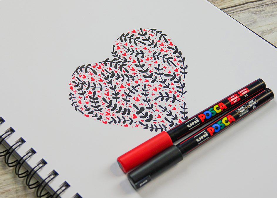 Make an illustrated patterned heart motif with POSCA 1MR pens